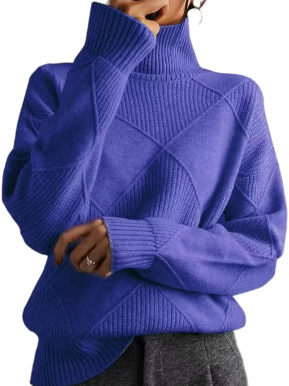 Full Size Diamond Pattern Turtleneck Sweater Plus Size, image 58