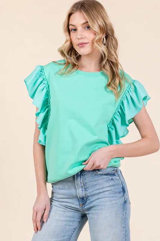Solid Shoulder Ruffle Detail Round Neck Top, image 4