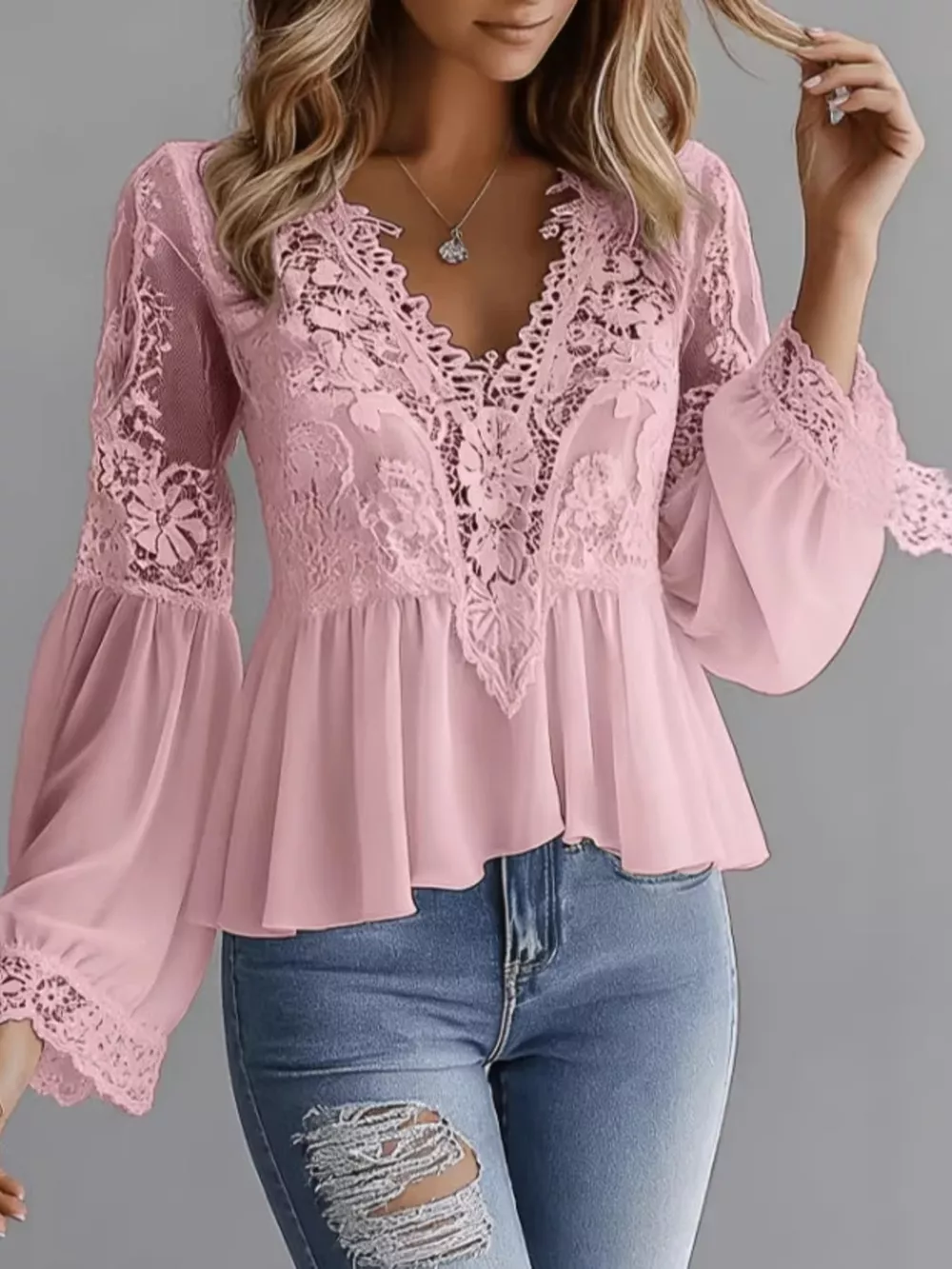 Lace V-Neck Long Sleeve Blouse with Peplum Hem, image 3