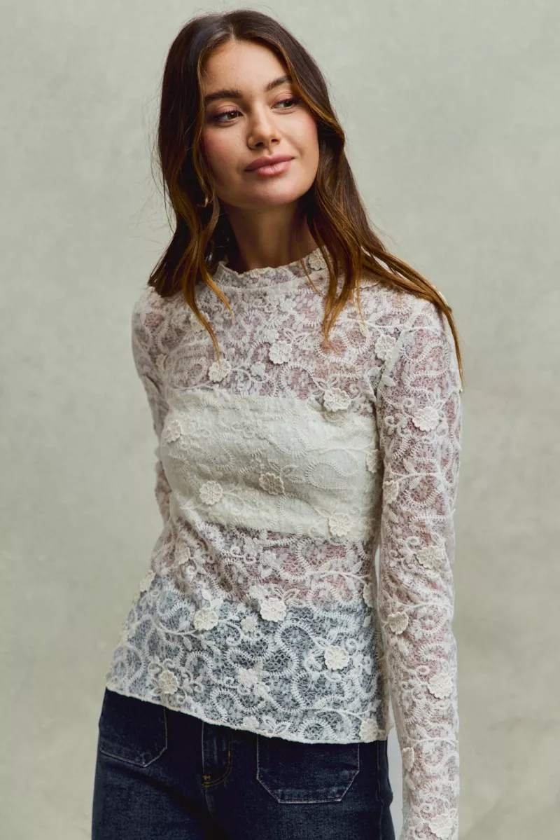 Lace Long Sleeve 3d Effect Floral Layering Top, image 10