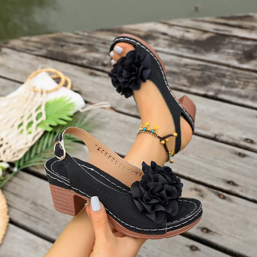 Floral Decor Chunky Heel Sandals, image 5