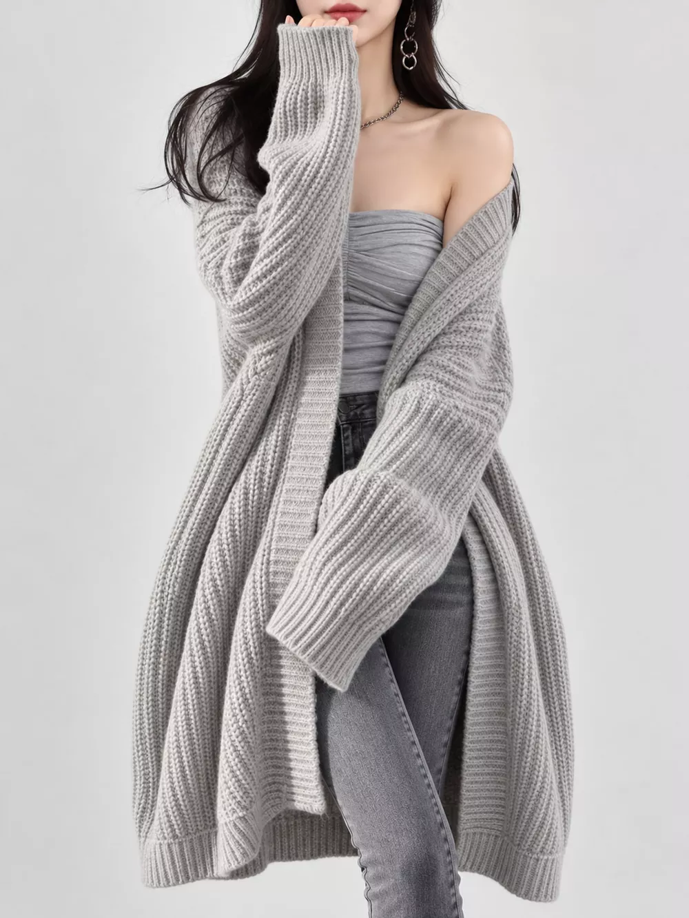 Full Size Chunky Knit Openwork Front Longline Cardigan Plus Size, image 54