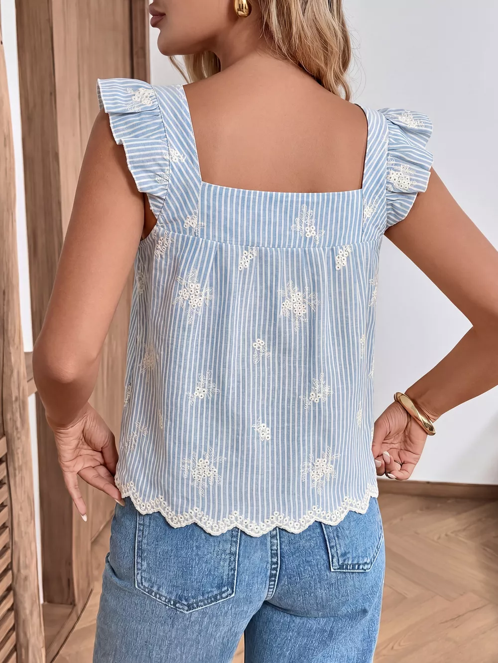 Striped Embroidered Ruffle Sleeve Blouse, image 5