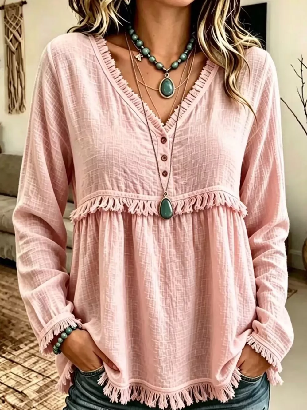 Full Size Fringed Trim V-Neck Long Sleeve Blouse Plus Size, image 44