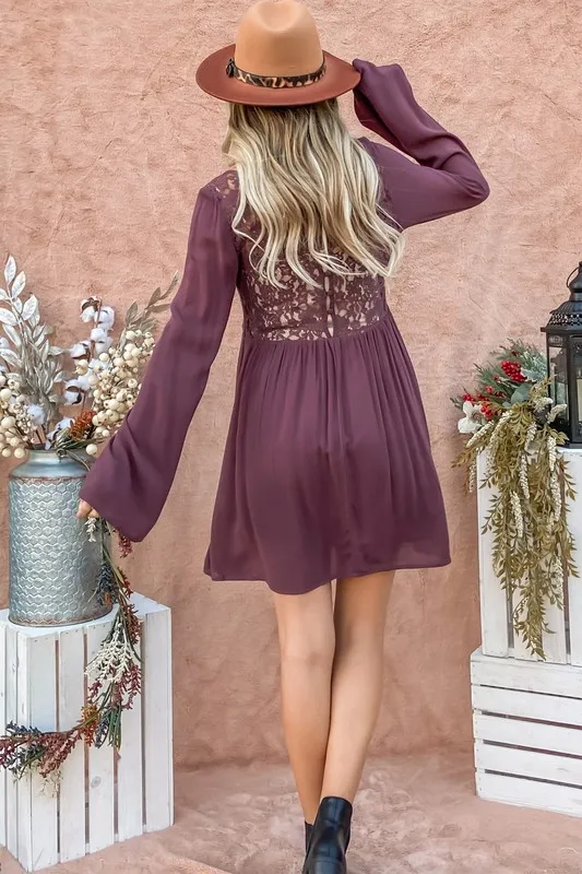Back Lace Button Down Detail Bell Sleeve Dress, image 8