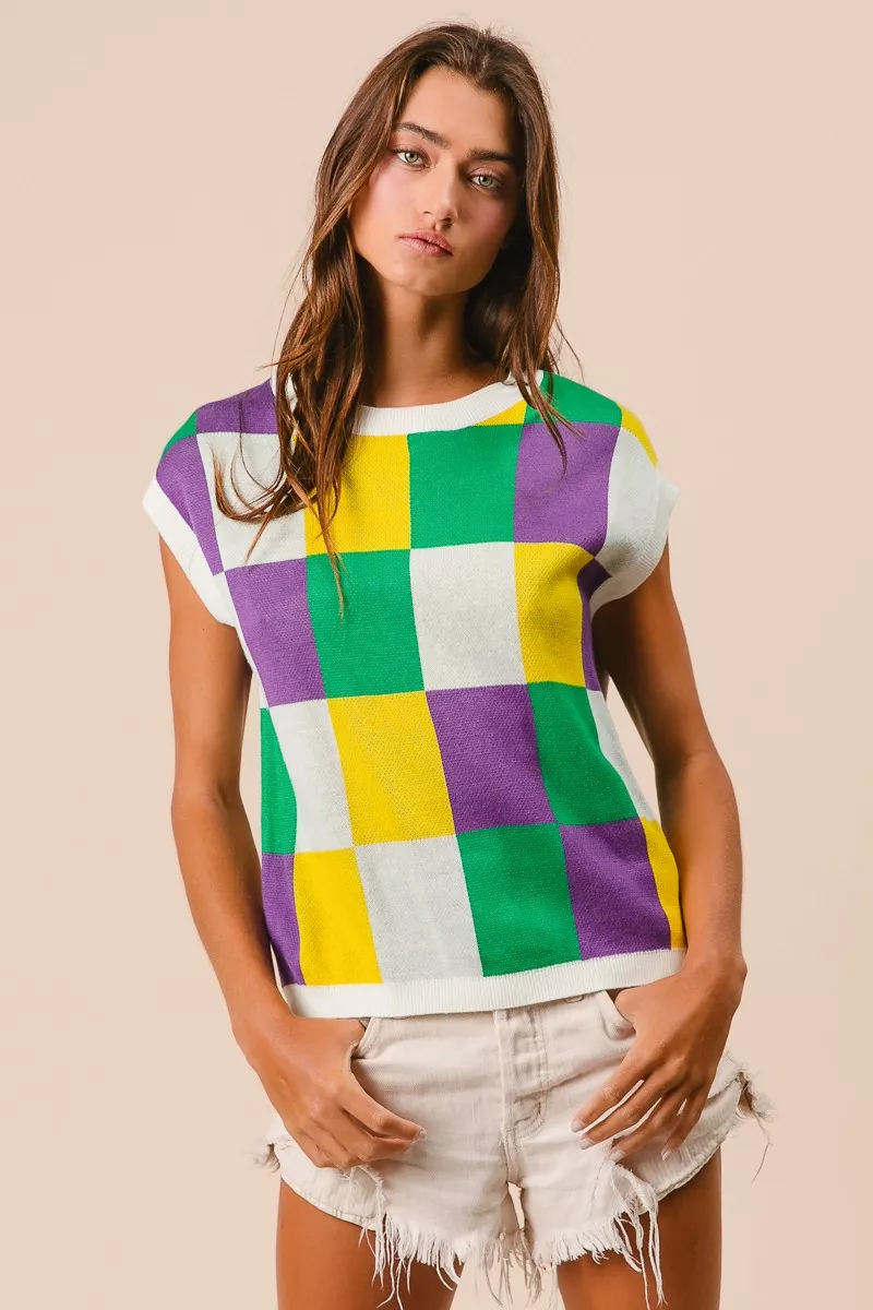 Mardi Gras Checker Pattern Sleeveless Sweater Top