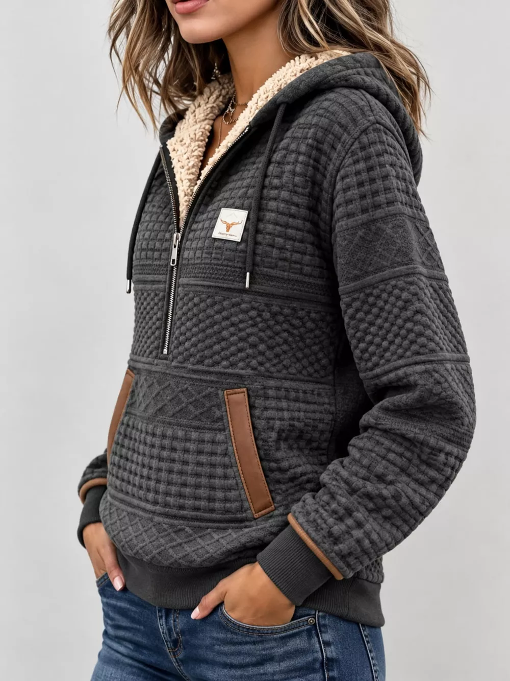 Full Size Half Zip Texture Hoodie Plus Size, image 3