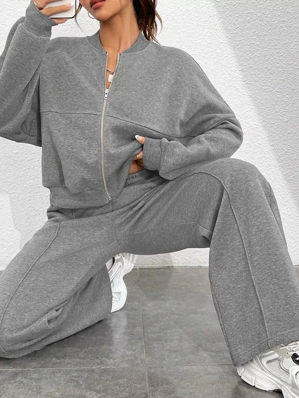 Casual Zip-Up Jacket and Wide-Leg Sweatpants Set, image 16