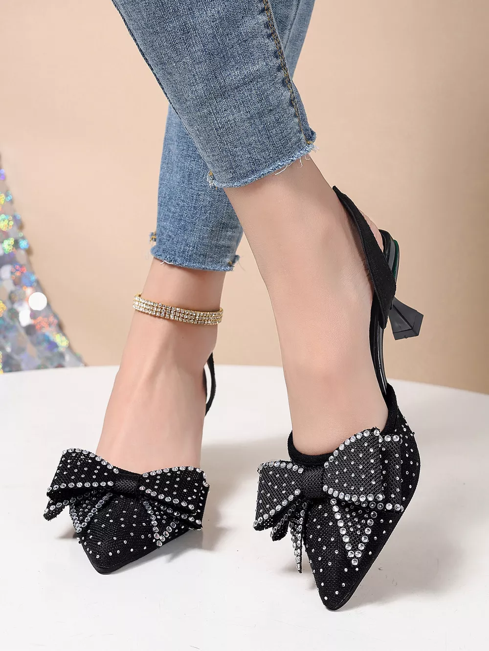 Rhinestone Bowknot Slingback Pumps, image 2