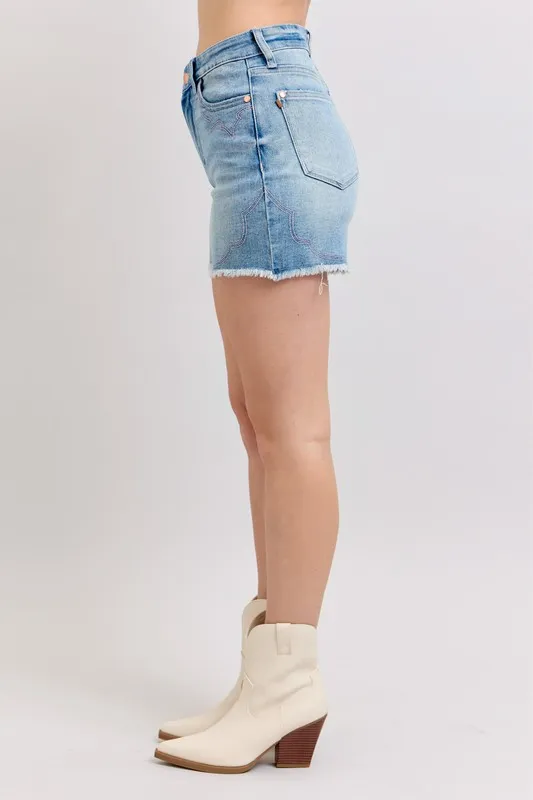 Full Size High Waist Western Embroidery Detail Cut Off Denim Shorts Plus Size, image 17