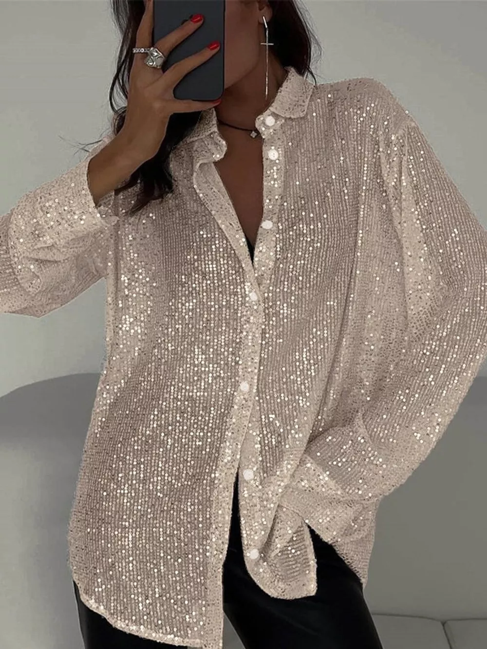 Full Size Sequin Button-Down Shirt Plus Size