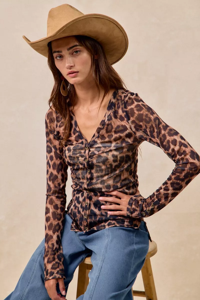 Leopard Printed Mesh Shirt With Button Up V Neck, image 12