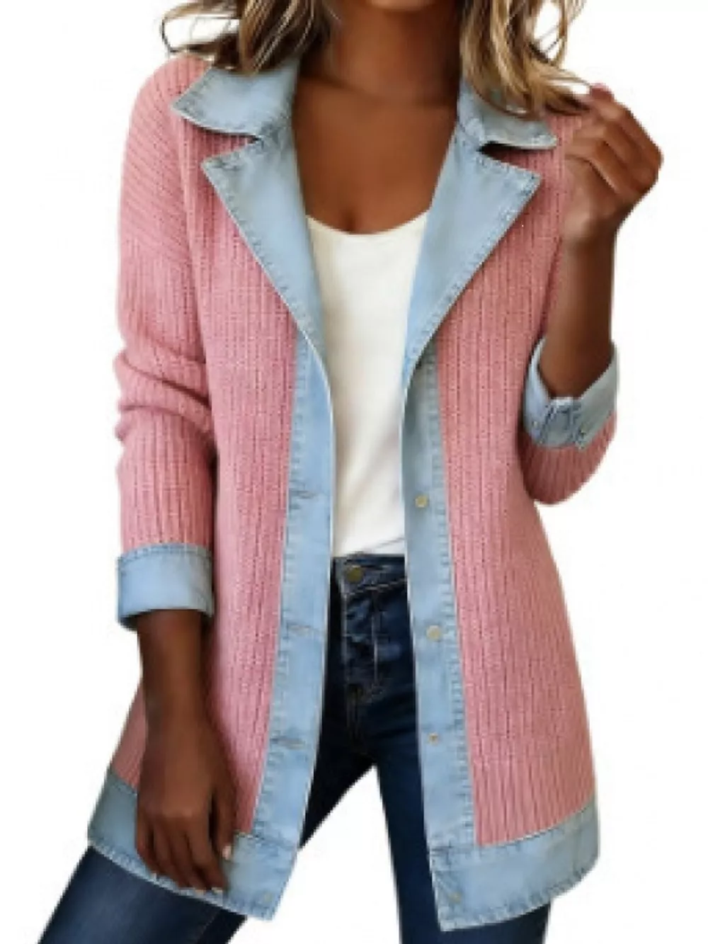Full Size Denim Trim Ribbed Knit Cardigan Plus Size, image 37
