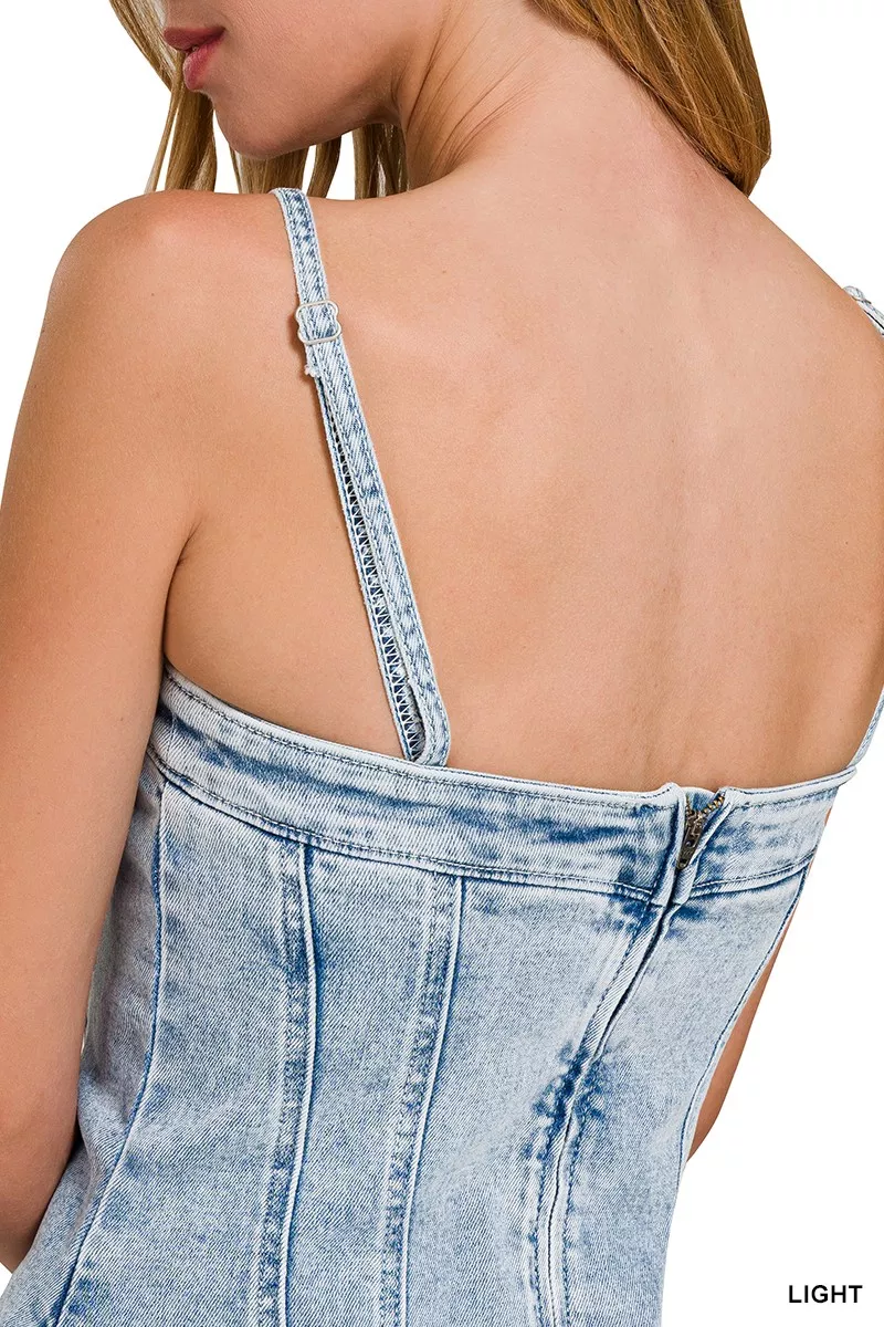 Spaghetti Strap Exposed Seam Light-Wash Dress, image 8