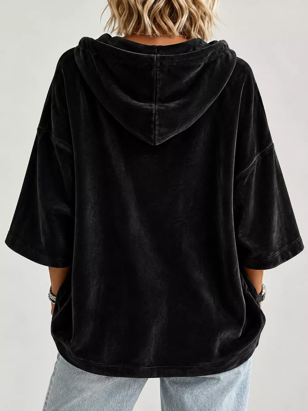 Full Size Velvet Half Sleeve Hoodie with Drawstring Plus Size, image 4