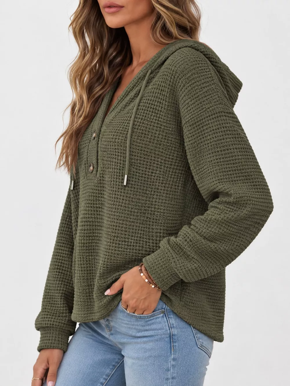 Full Size Waffle Knit Button Detail Hoodie Plus Size, image 45
