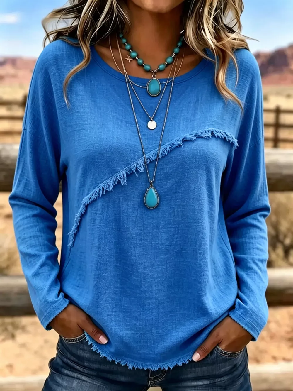 Full Size Fringe Detail Long Sleeve T-Shirt Plus Size, image 2