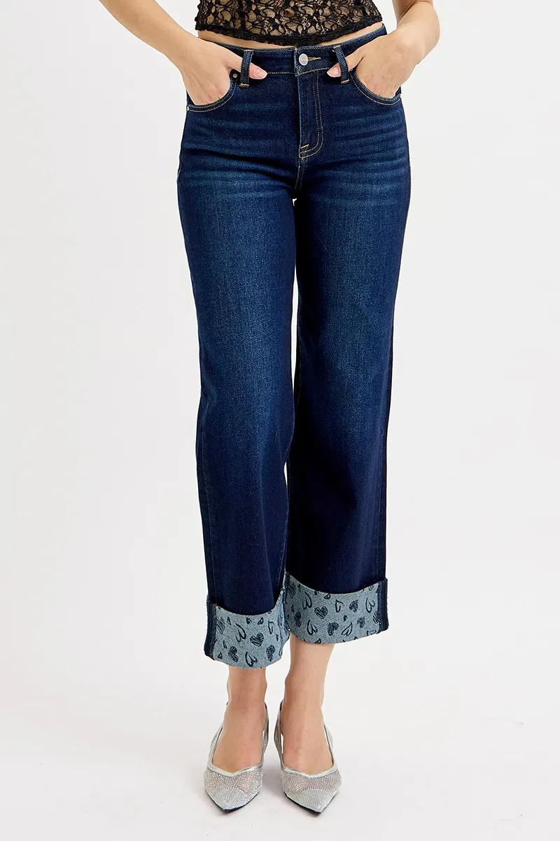 Full Size Mid Rise Fit Crop Wide With Printed Cuff Jeans Plus Size, image 4
