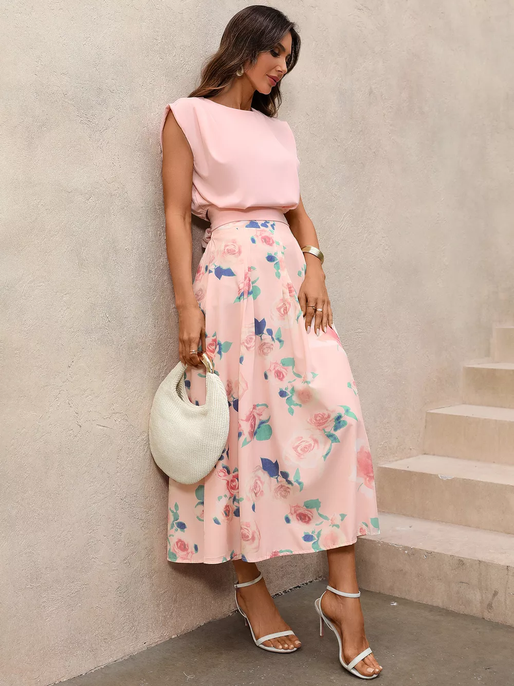 Round Neck Top and Floral Print Skirt Two-Piece Set, image 4