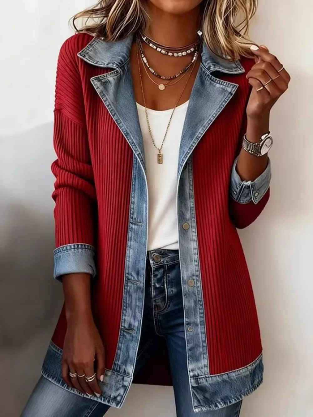 Full Size Denim Trim Ribbed Knit Cardigan Plus Size, image 18