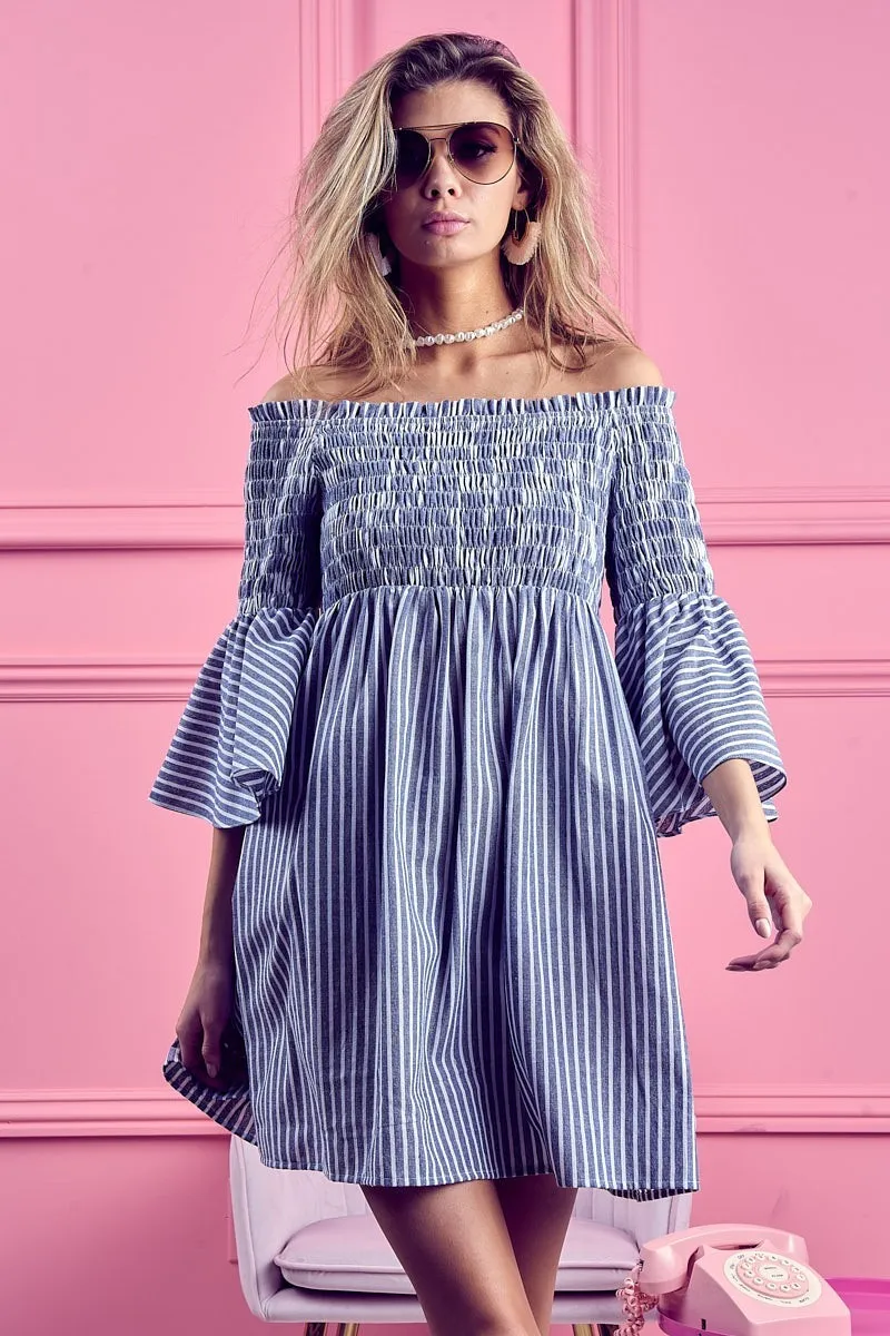 Smocked Off Shoulder Striped Dress