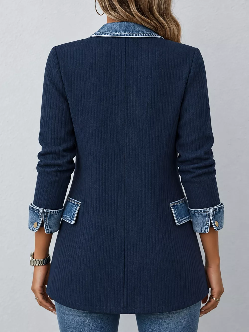 Full Size Denim Trim Ribbed Knit Cardigan Plus Size, image 29