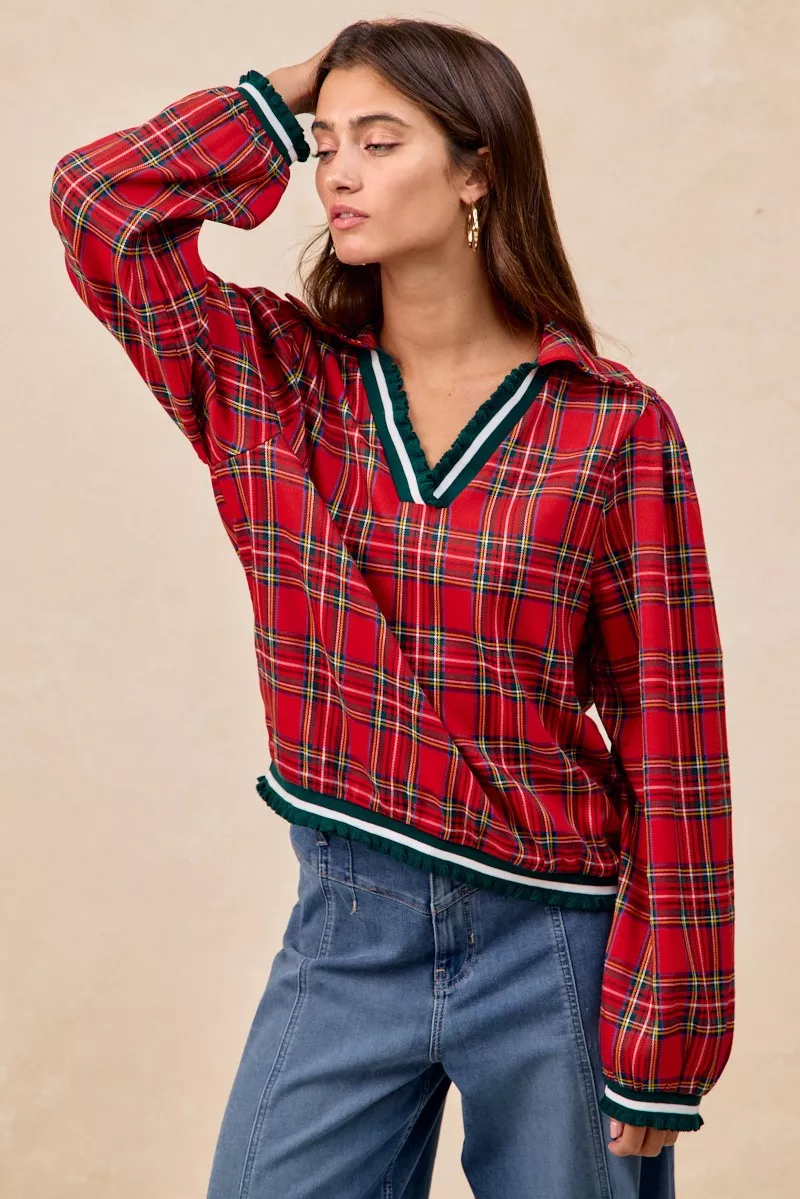 Christmas Plaid Collared Top with Ruffled Detail, image 16