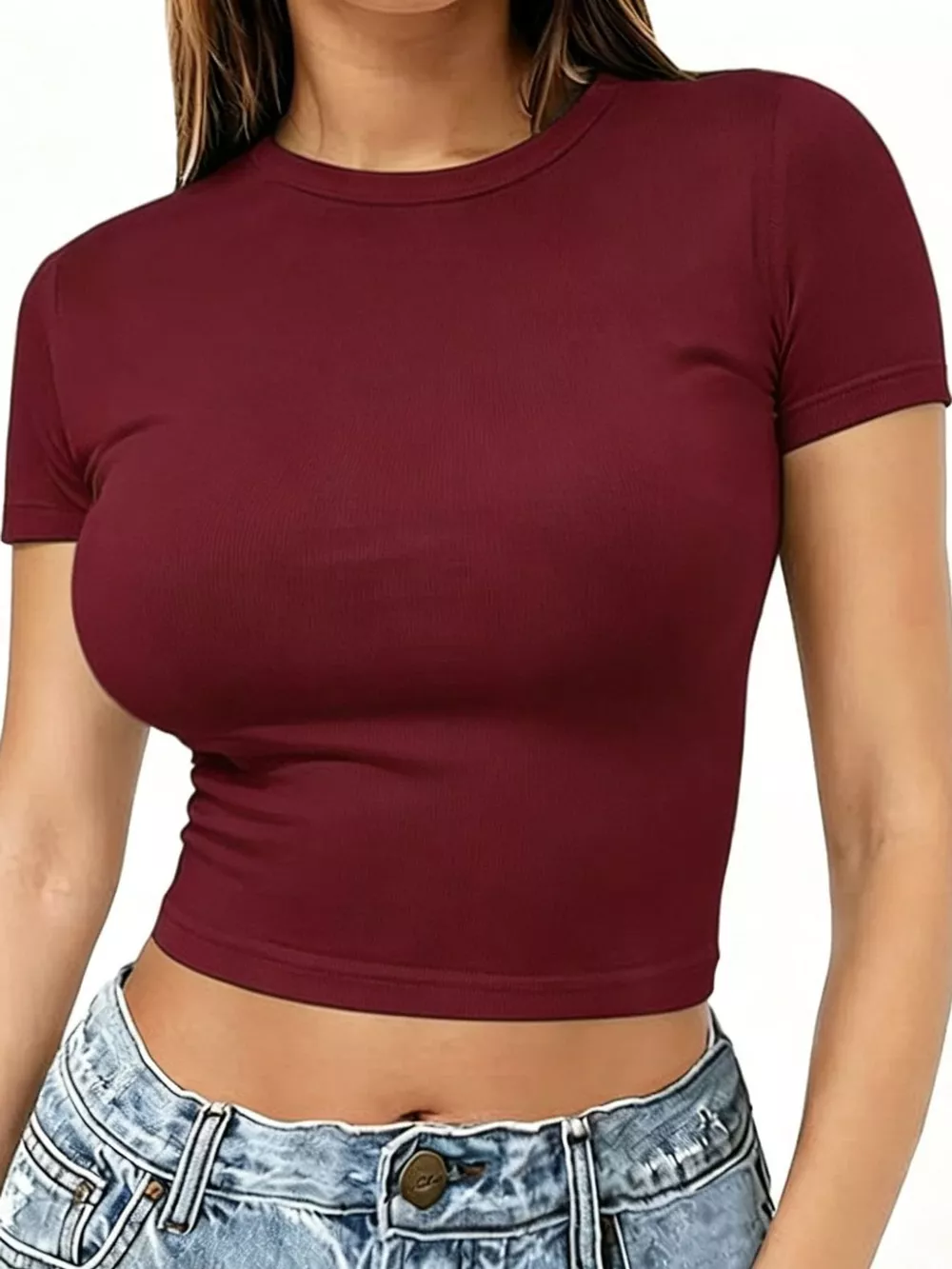 Slim Fit Basic Crew Neck Short Sleeve Crop T-Shirt, image 56