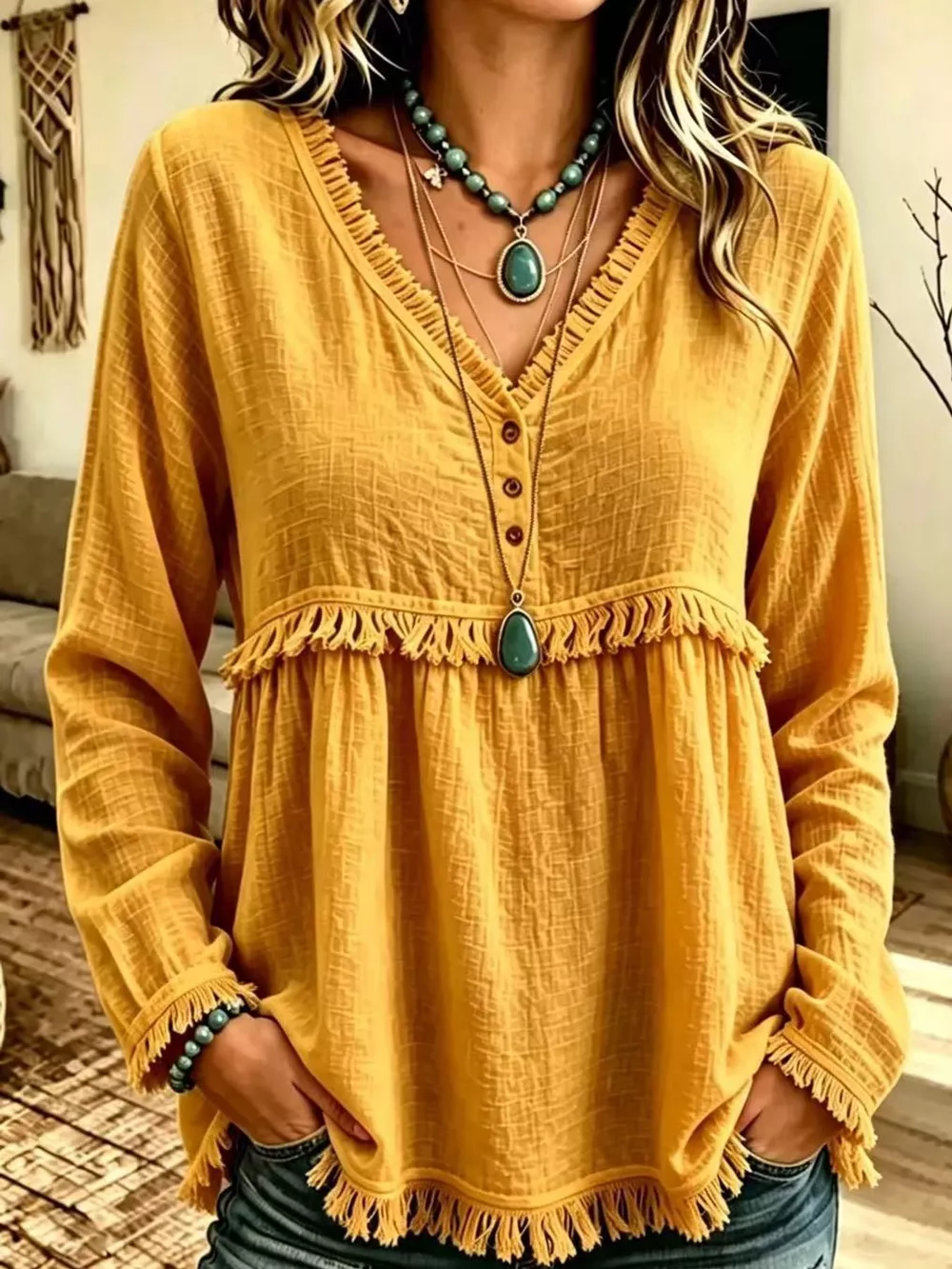 Full Size Fringed Trim V-Neck Long Sleeve Blouse Plus Size, image 13