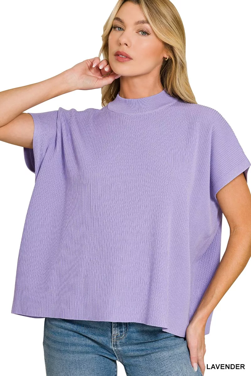 Viscose Mock Neck Short Sleeve Boxy Sweater