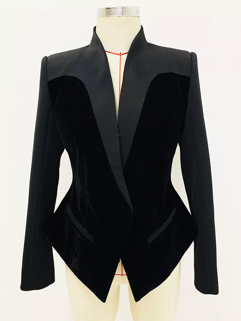Velvet-Paneled Blazer with Stand-Up Collar