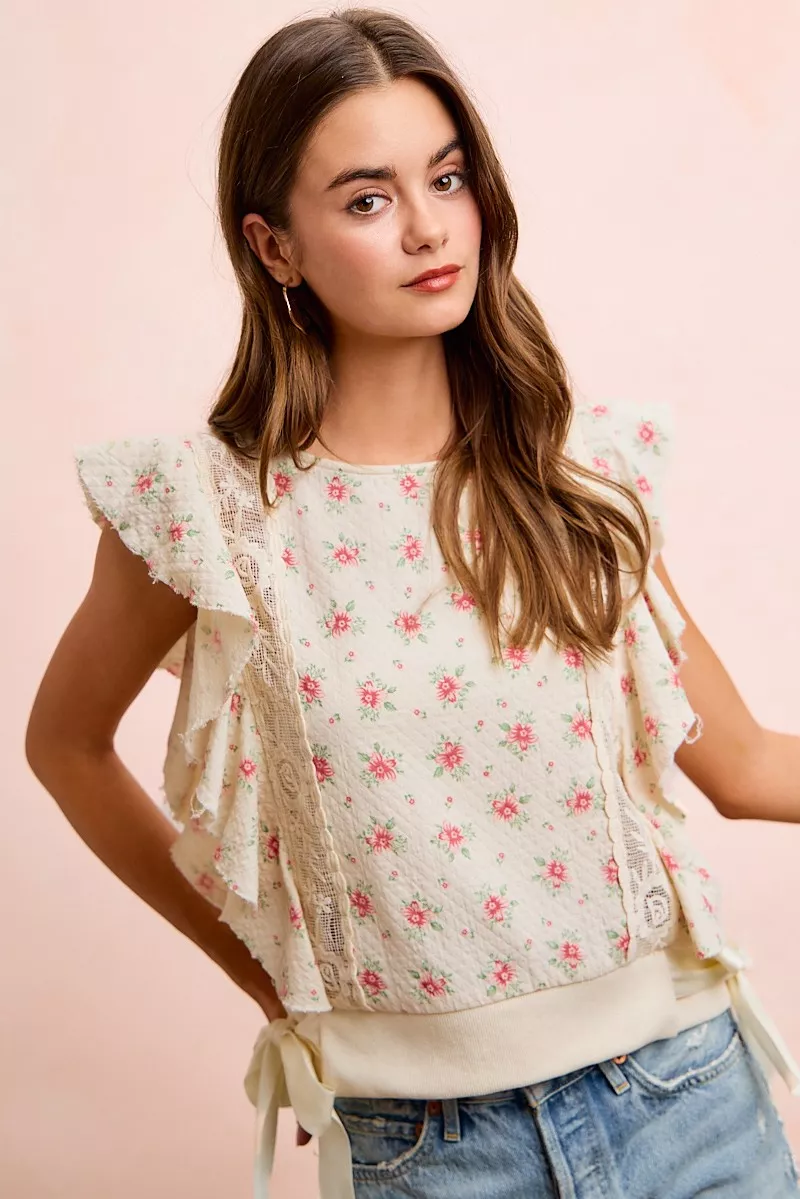 BiBi Flower Printed Ruffle Sleeve Trim Detail Top, image 42