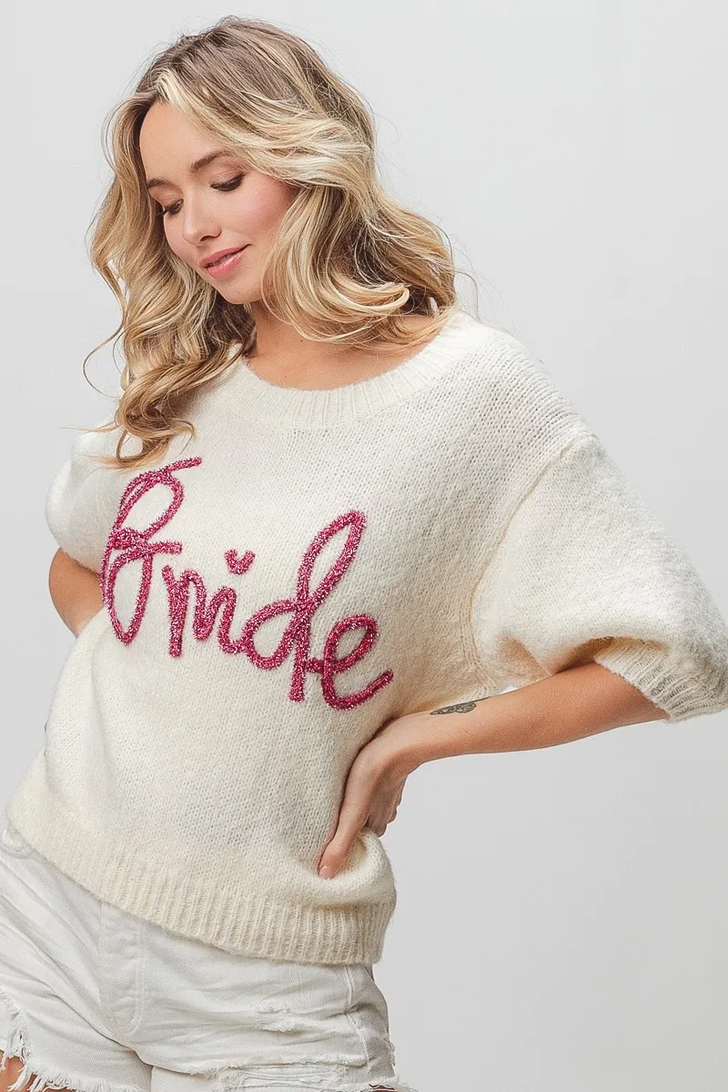 Metallic Letter Short Puff Sleeve Hairy Sweater, image 14