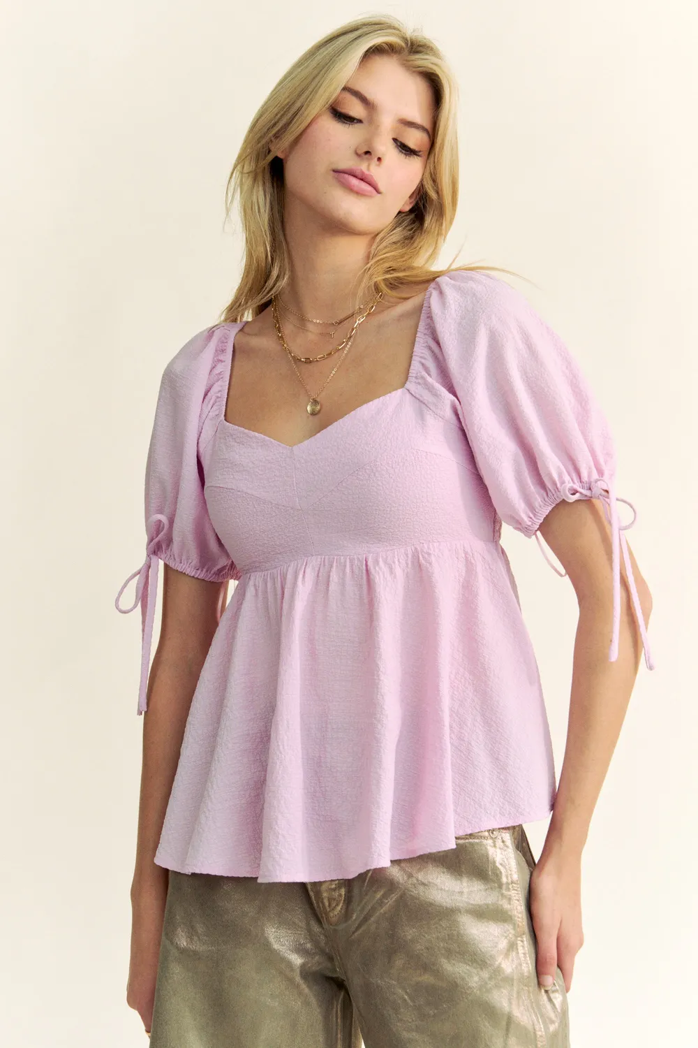 Solid Elastic Peplum Puffed Sleeves Blouse, image 2