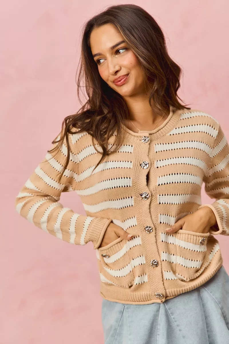 Stripe Long Sleeves Button Sweater Cardigan, image 10