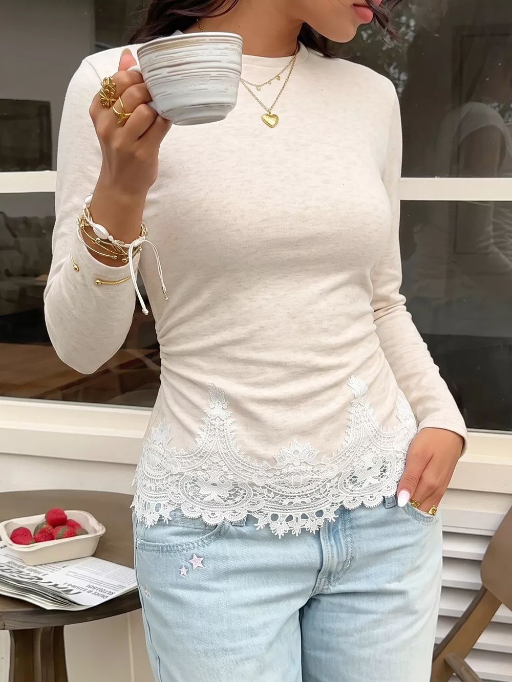 Lace Trim Long Sleeve T-Shirt, image 3
