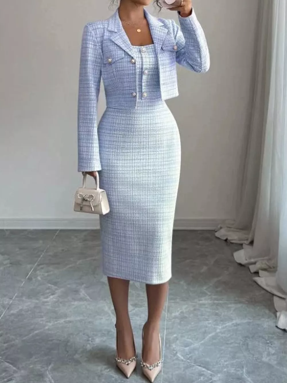 Tweed Square Neck Dress and Cardigan Set, image 10