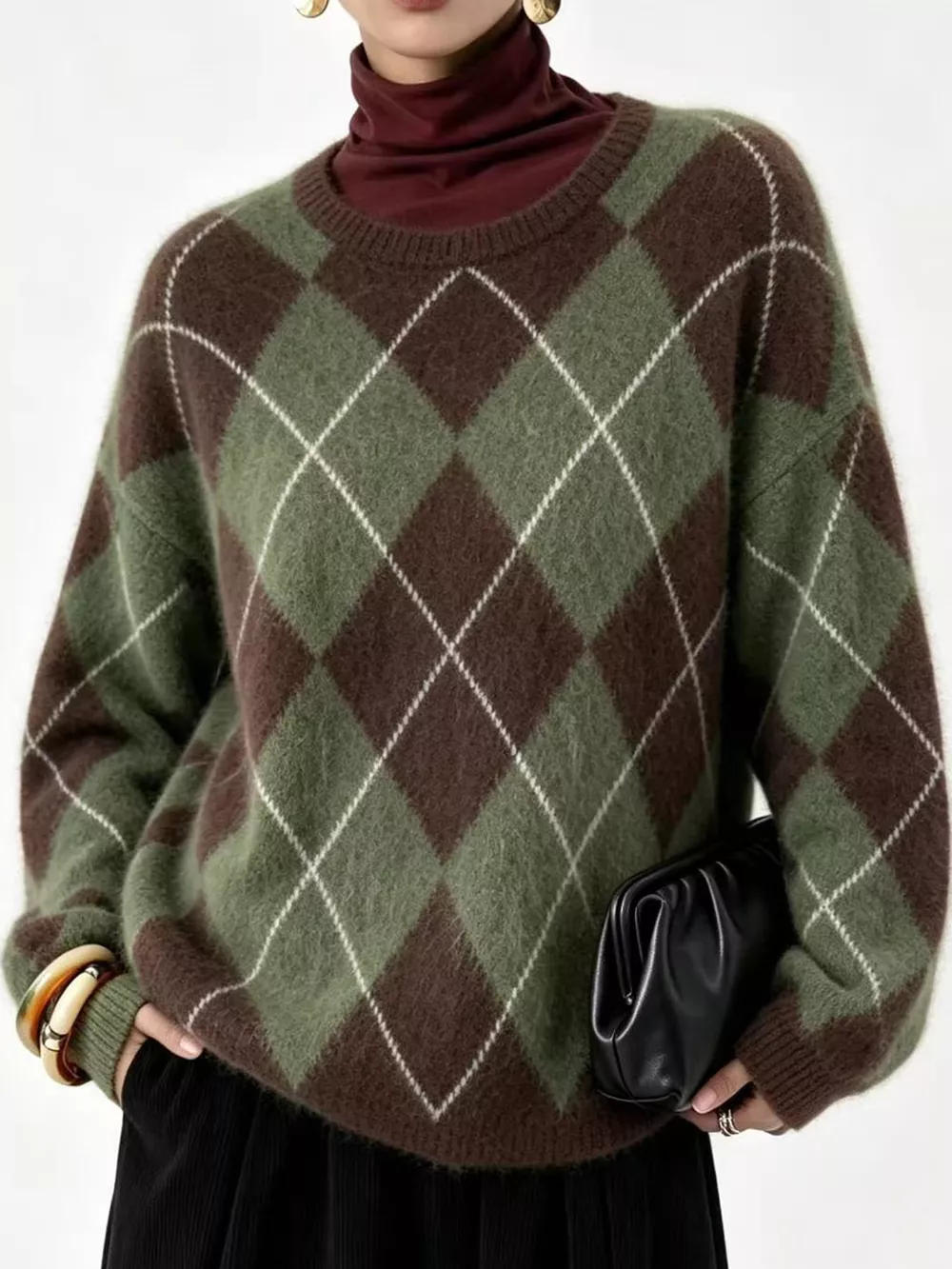 Argyle Pattern Fuzzy Knit Sweater, image 22