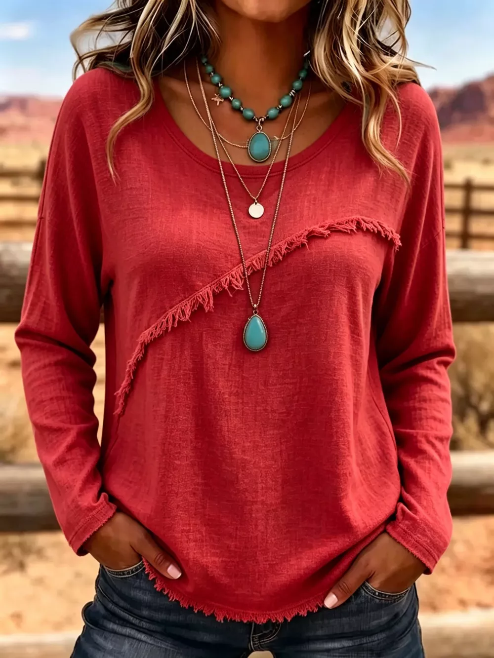 Full Size Fringe Detail Long Sleeve T-Shirt Plus Size, image 4