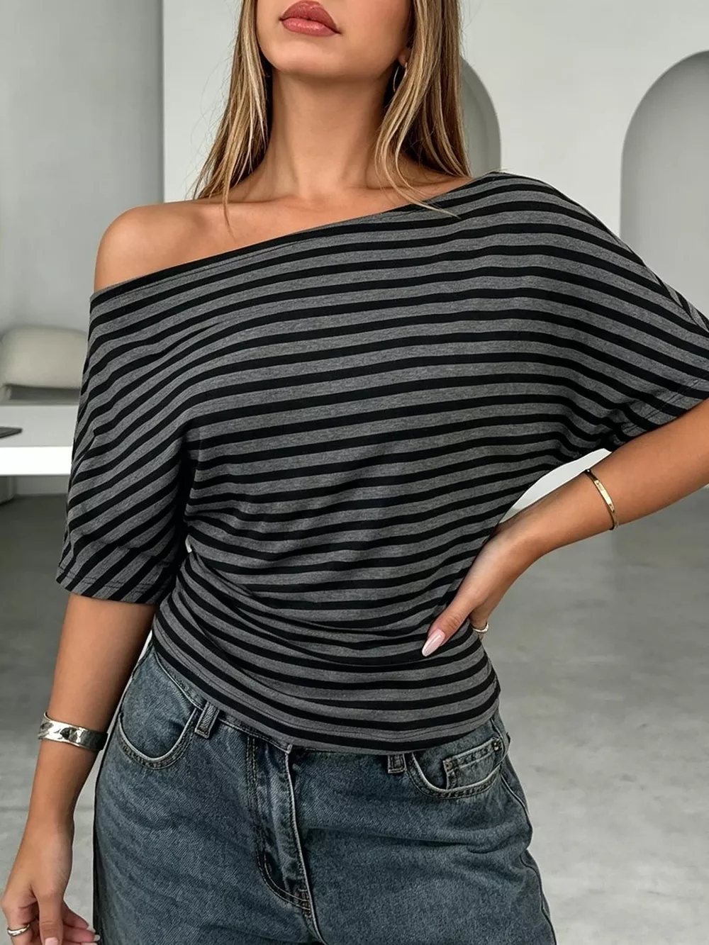 One Shoulder Striped Dolman Sleeve T-Shirt, image 2