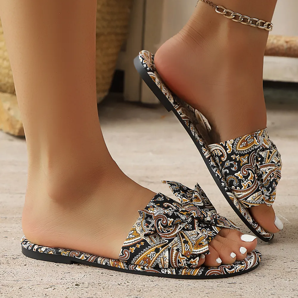 Bow Printed Open Toe Flats Sandals, image 9