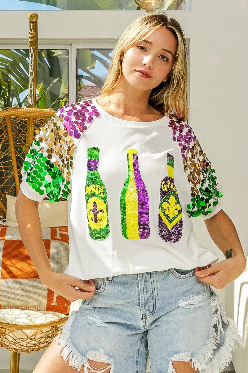 Sequin Mardi Gras Bottles Spangled Sleeve Top, image 14