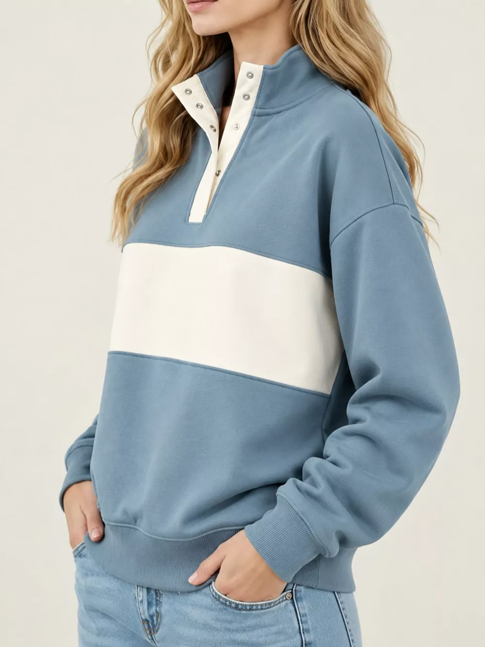 Full Size Color Block Snap-Button Sweatshirt Plus Size, image 12