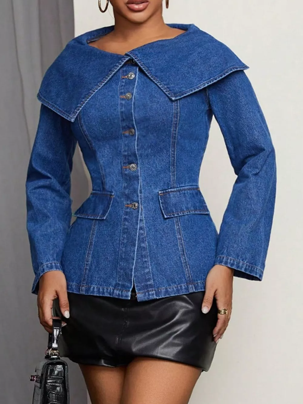 Wide Collar Slim Fit Denim Jacket, image 2