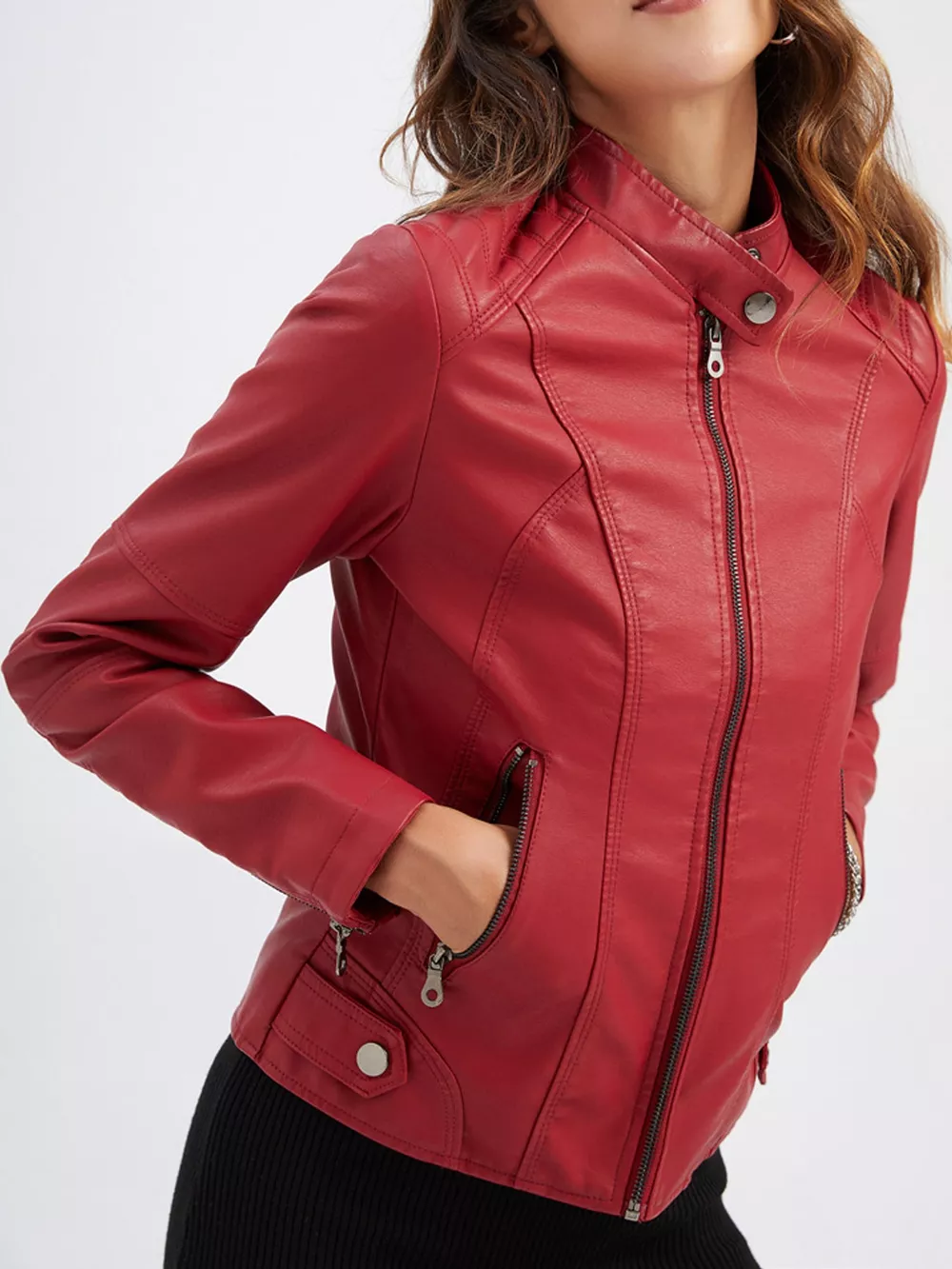 Full Size Slim Fit Faux Leather Moto Jacket Plus Size, image 8