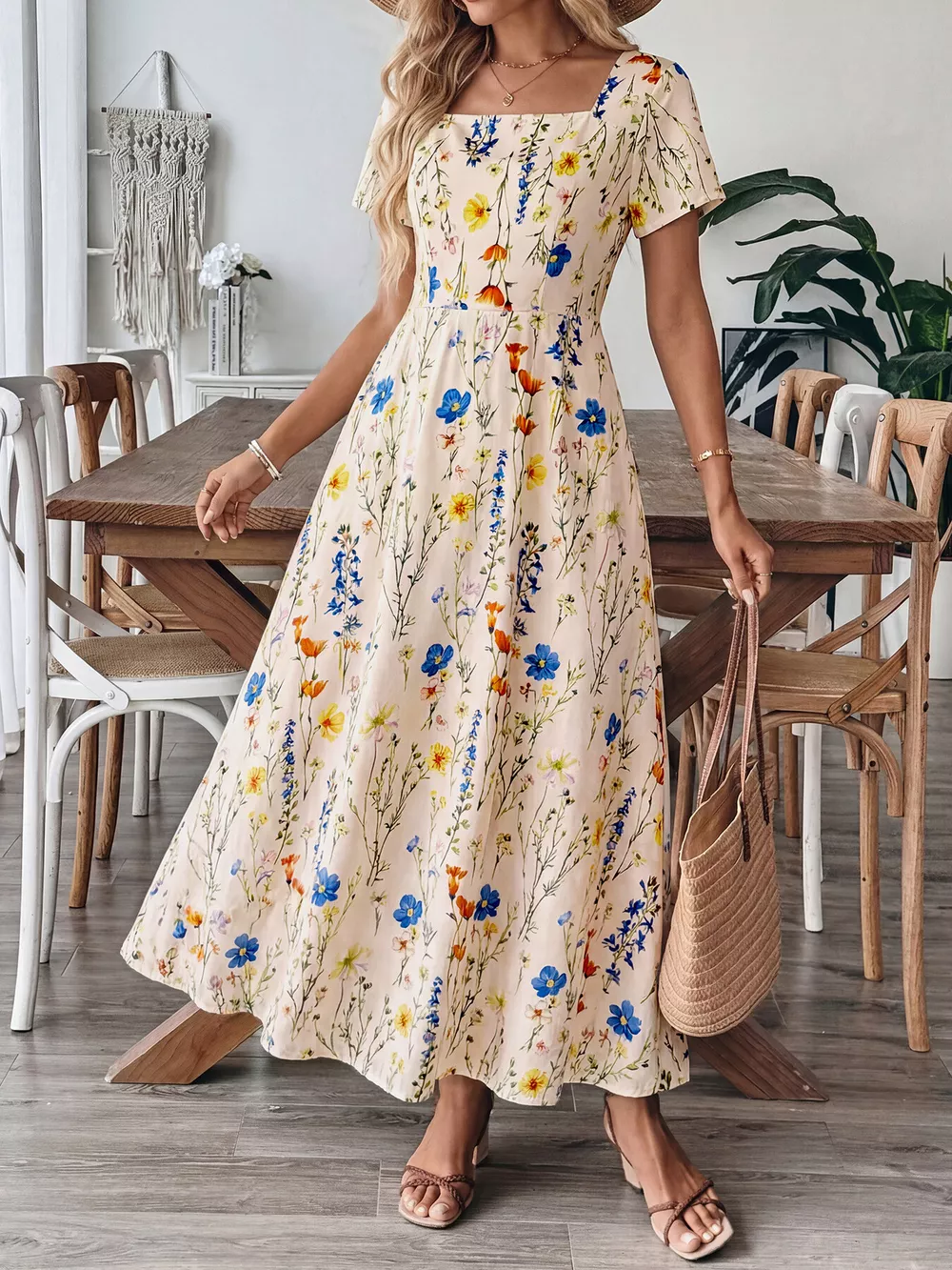 Floral Print Square Neck Casual Maxi Dress, image 2