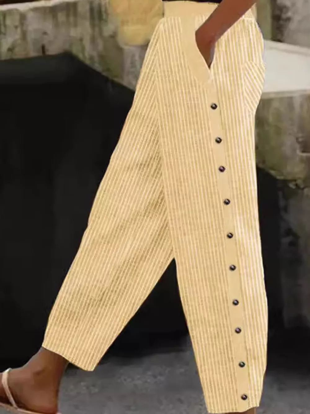 Striped Casual Pants with Side Button Detail, image 11