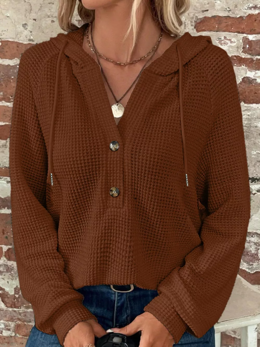 Full Size Waffle Knit Button Detail Hoodie Plus Size, image 37