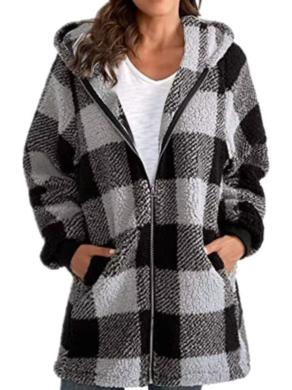 Full Size Plaid Sherpa Hooded Zip-Up Outerwear Plus Size, image 14