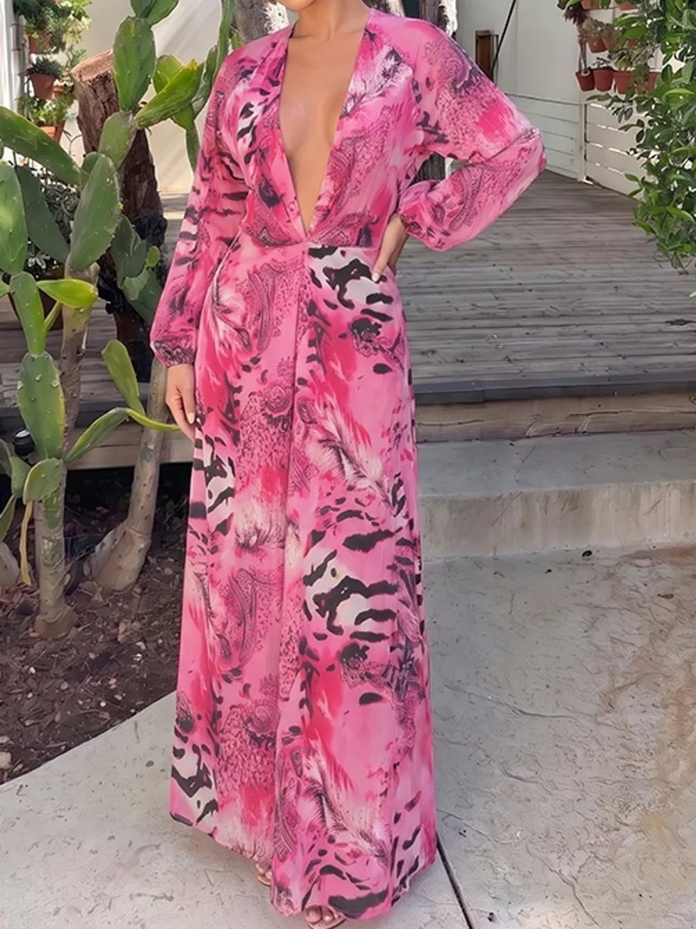 Deep V-Neck Long Sleeve Printed Maxi Dress, image 13